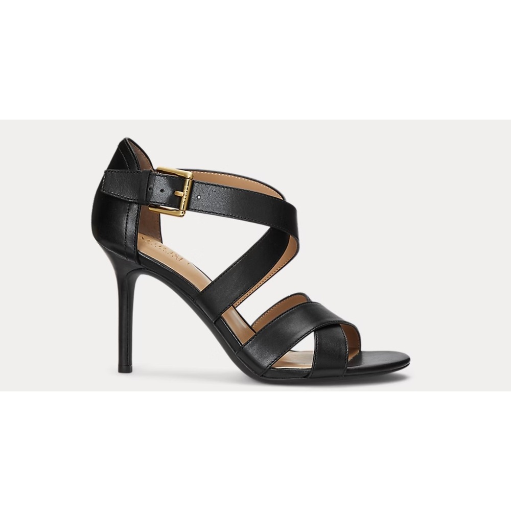 NWOT Lauren Ralph Lauren Gisella Burnished Black Leather Strappy‎ Heel Sandals 8